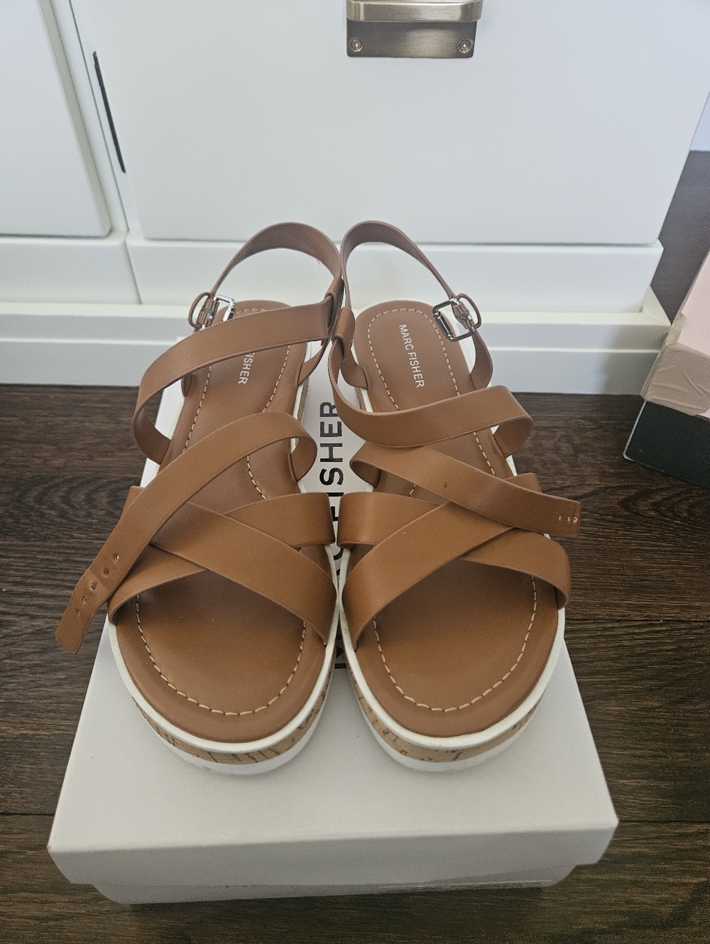 Marc Fisher Brown Leather Crisscross Platform Sandals